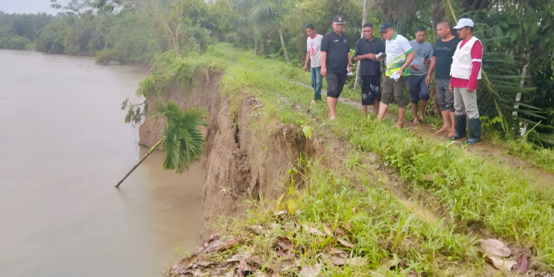 Plt. Camat Langkahan dan Anggota DPRK Tinjau Kerusakan Tanggul di Hulu Bendung D.I